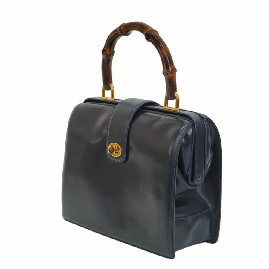 Gucci Old Bamboo Handbag Gold Crest Navy Leather Women's | Studio Nafay