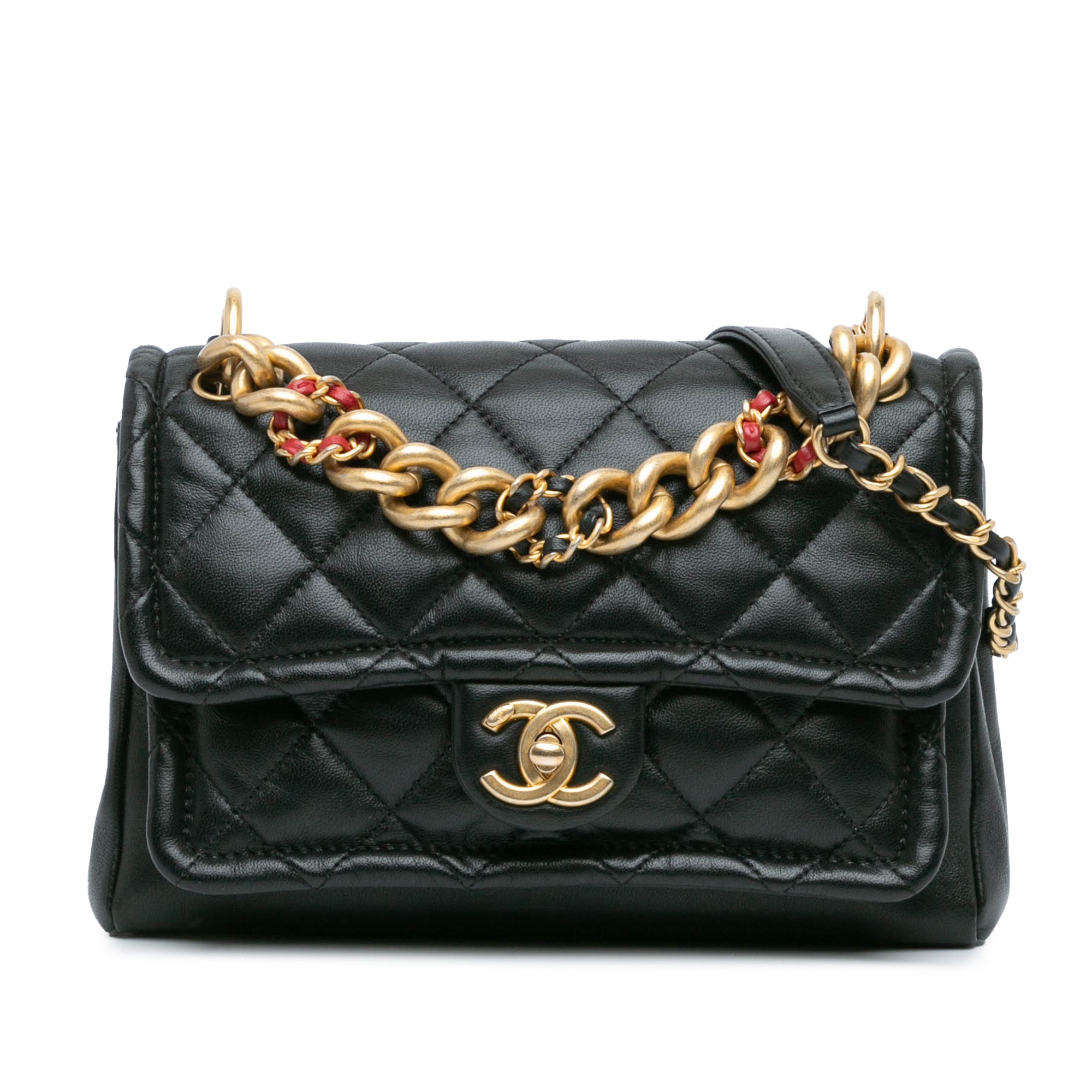 Black Chanel CC Quilted Lambskin Chain Link Flap Satchel