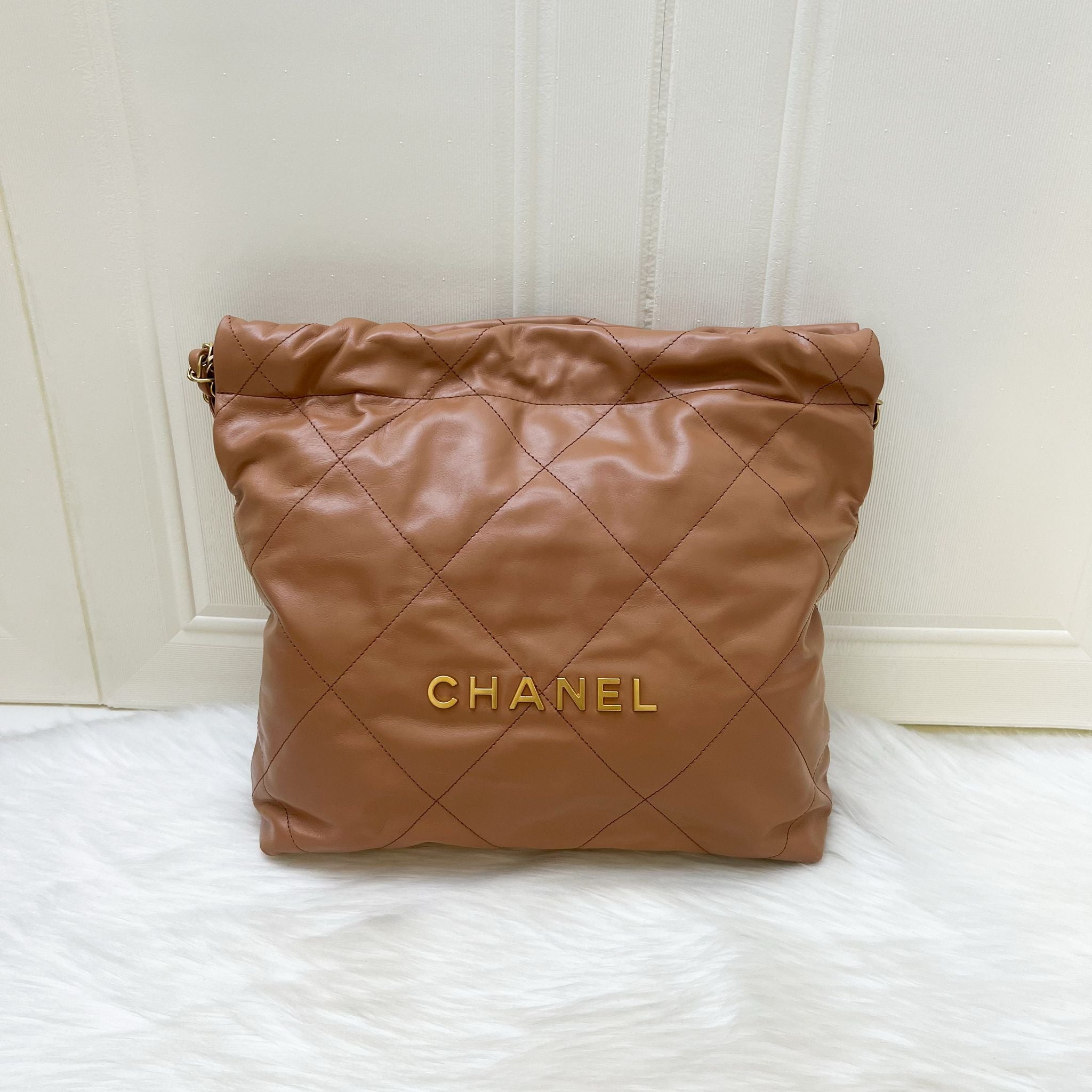 Chanel 22 Small Hobo Handbag In Caramel Calfskin And AGHW